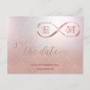 Infinity rose gold romantic monogram calligraphy a announcement postcard