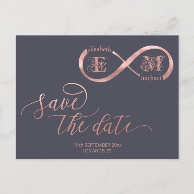Infinity rose gold romantic monogram calligraphy  announcement postcard (Front)