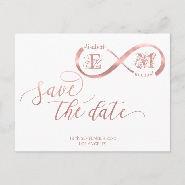 Infinity rose gold romantic monogram calligraphy announcement postcard (Front)