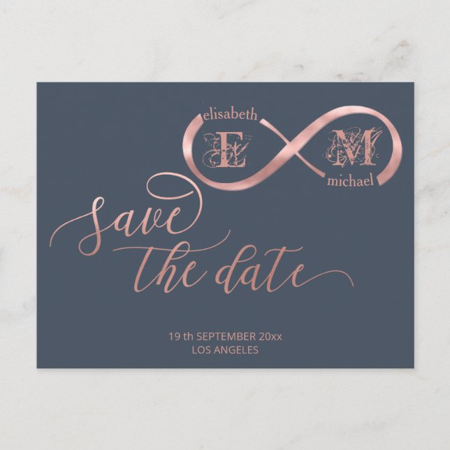 Infinity rose gold romantic monogram calligraphy announcement postcard (Front)