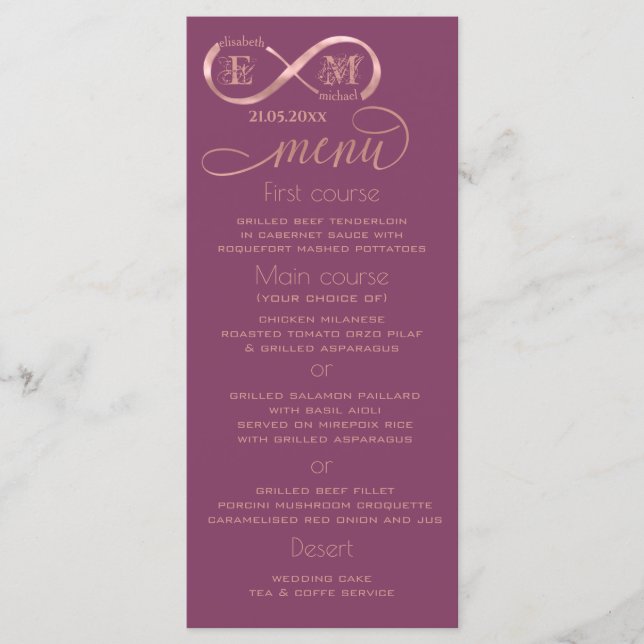Infinity rose gold romantic monogram cassis menu (Front)