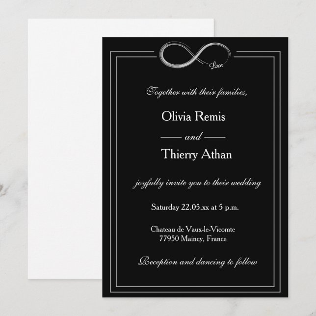 Infinity Sign Black And White Unique Chic Wedding Invitation (Front/Back)
