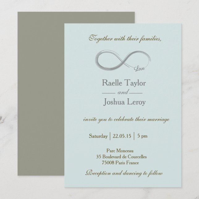 Infinity sign blue grey taupe wedding invitation (Front/Back)