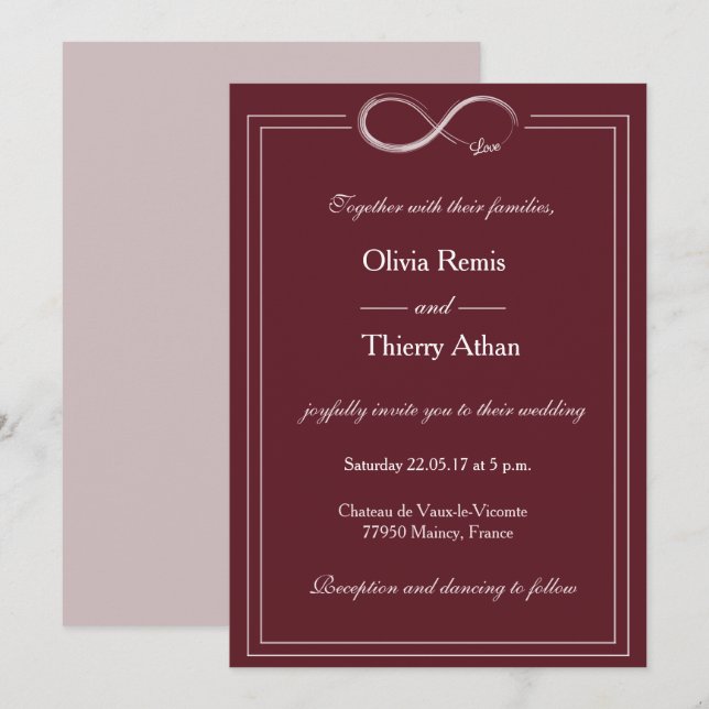 Infinity Sign Burgundy Blush White Elegant Wedding Invitation (Front/Back)