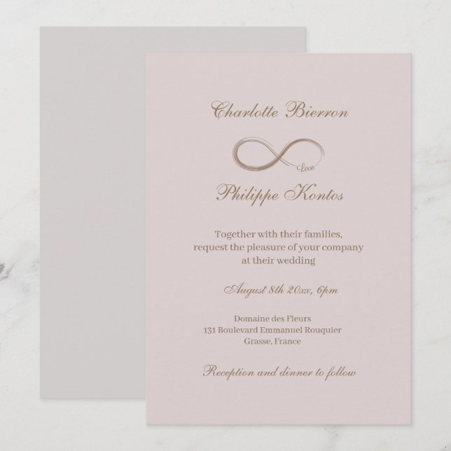 Infinity Sign Dusty Pink Grey Gold Elegant Wedding Invitation (Front/Back)