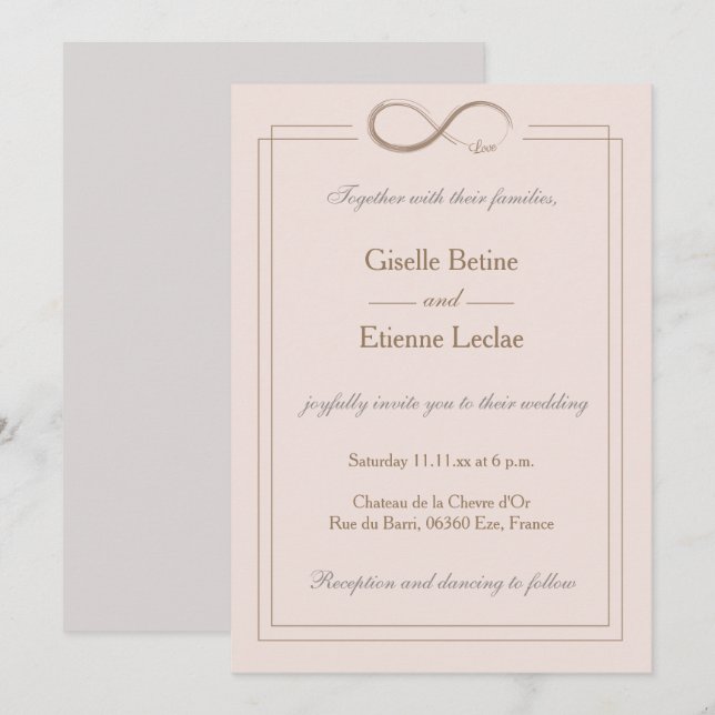 Infinity Sign Elegant Blush Pink Grey Gold Wedding Invitation (Front/Back)