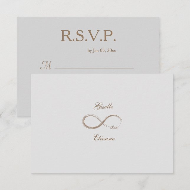 Infinity Sign Gold Grey Custom Name Wedding RSVP Invitation (Front/Back)