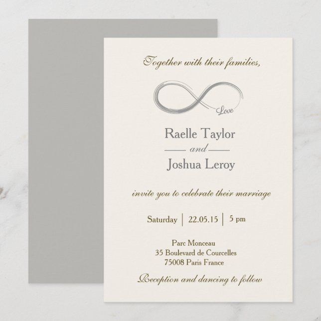 Infinity sign ivory white grey wedding invitation (Front/Back)