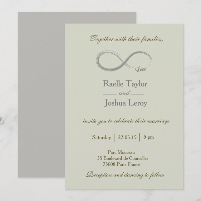 Infinity sign khaki green grey wedding invitation (Front/Back)