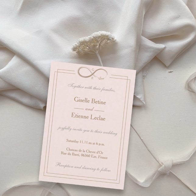 Infinity Sign Monogram Blush Pink Grey Wedding Invitation (Creator Uploaded)