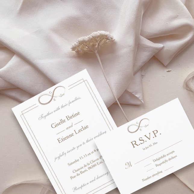 Infinity Sign Monogram Gold White Wedding RSVP Invitation (Creator Uploaded)
