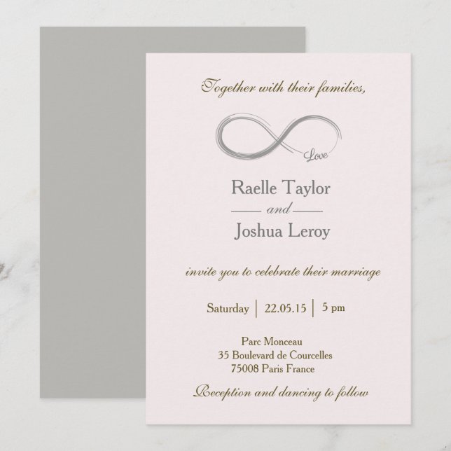 Infinity sign rose pink grey wedding invitation (Front/Back)
