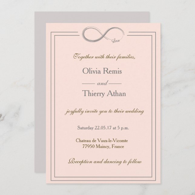 Infinity sign unique coral pink gold grey wedding invitation (Front/Back)