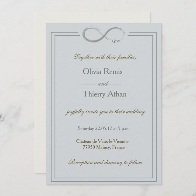 Infinity sign unique light blue gold grey wedding invitation (Front/Back)