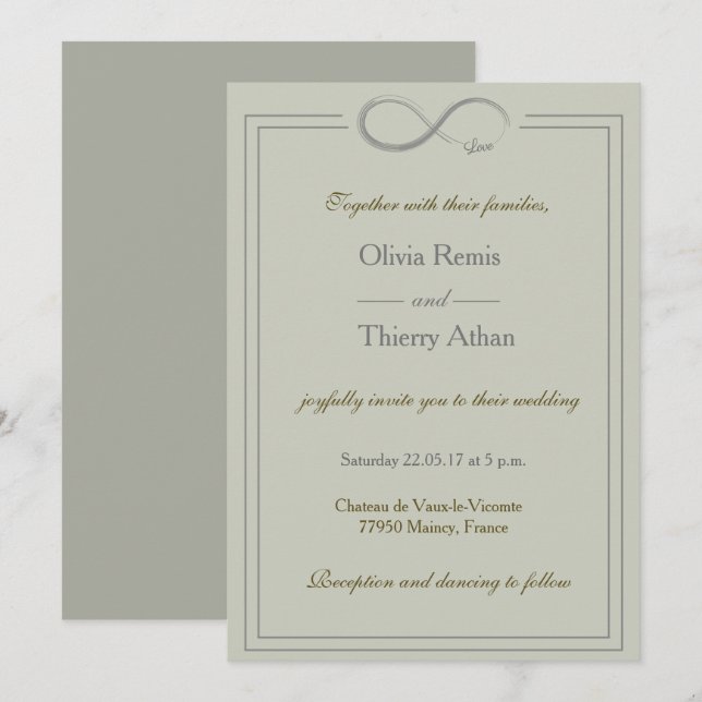 Infinity sign unique olive green gold grey wedding invitation (Front/Back)