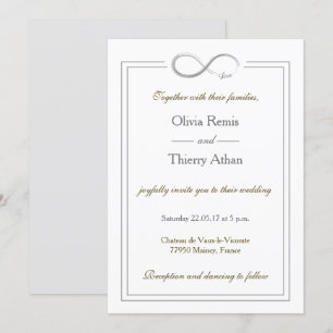 Infinity sign unique pure white gold grey wedding invitation