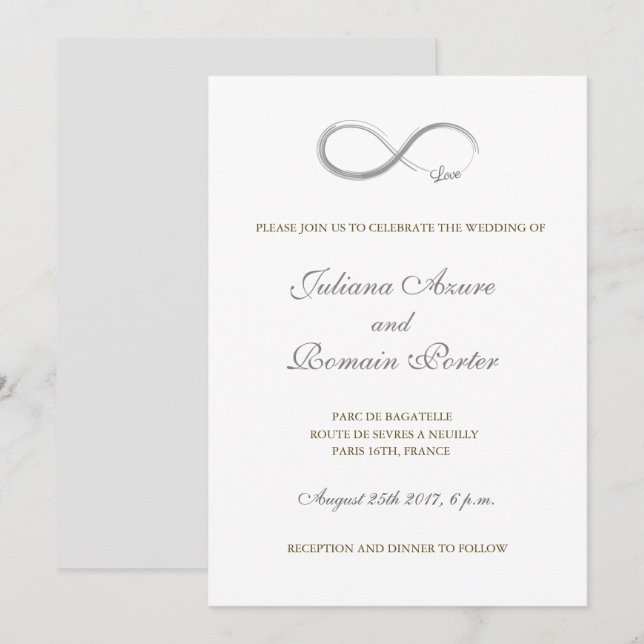 Infinity sign unique pure white gold grey wedding invitation (Front/Back)