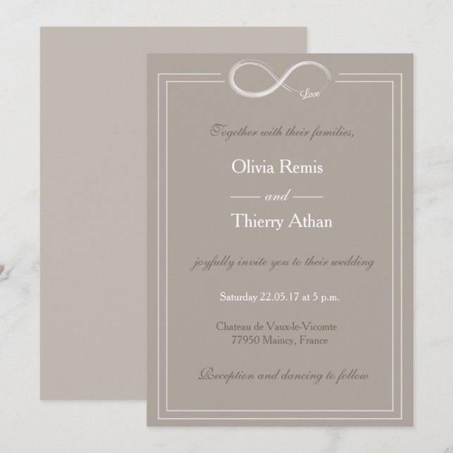 Infinity sign unique taupe grey white wedding invitation (Front/Back)