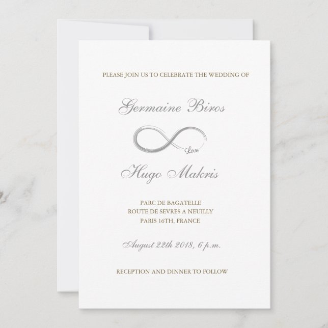 Infinity sign white grey gold elegant wedding invitation (Front)