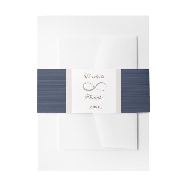 Infinity symbol blue stripes gold white Wedding In Invitation Belly Band (Front Example)