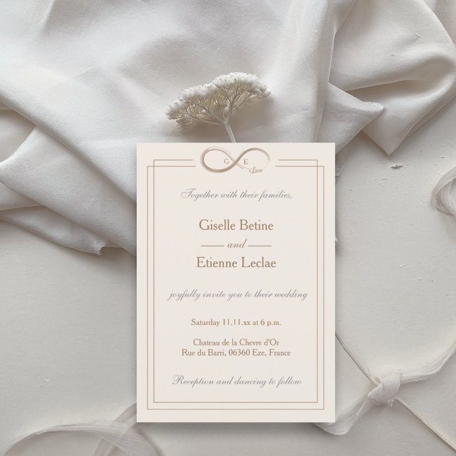 Infinity Symbol Monogram Champagne White Wedding Invitation (Creator Uploaded)