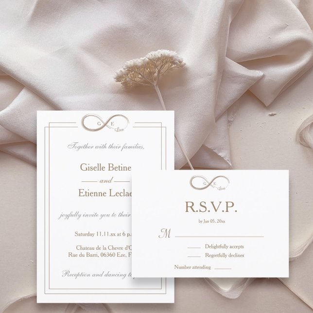 Infinity Symbol Monogram White Grey Wedding RSVP Invitation (Creator Uploaded)
