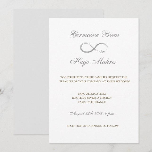 Infinity symbol white grey gold elegant wedding invitation (Front/Back)