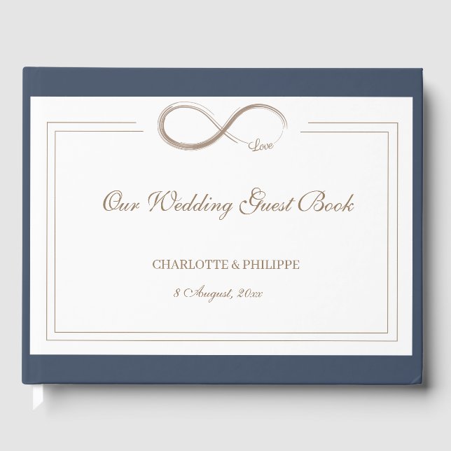 Infinity Symbol White Navy Blue Elegant Wedding Guest Book (Front)