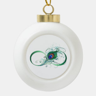 Infinity Symbol with Peacock Feather Ceramic Ball Christmas Ornament