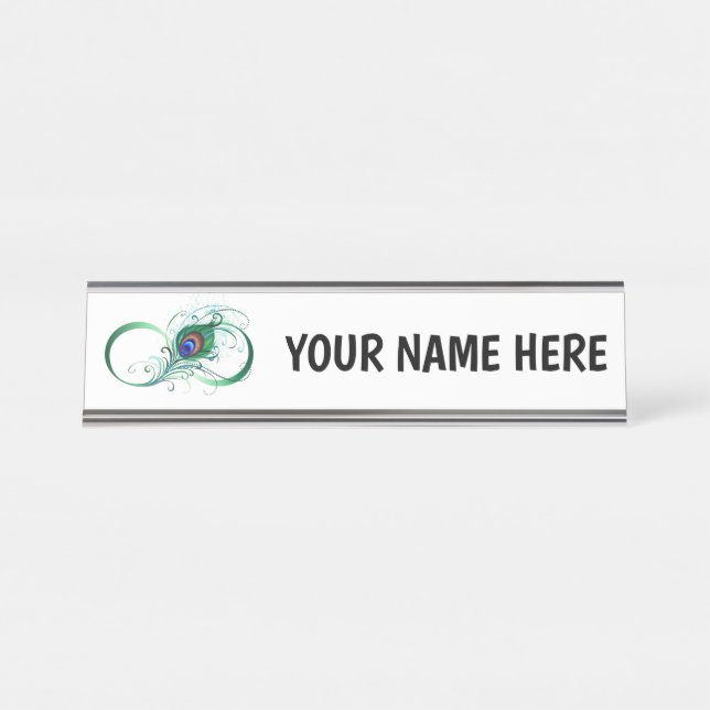 Infinity Symbol with Peacock Feather Desk Name Plate (Front)