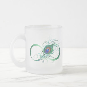 Infinity Symbol with Peacock Feather Frosted Glass Coffee Mug