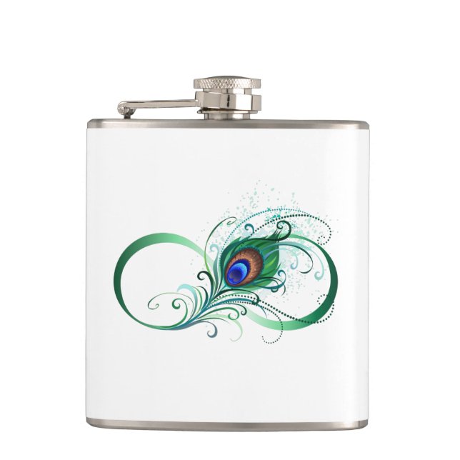 Infinity Symbol with Peacock Feather Hip Flask (Front)