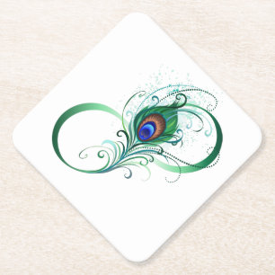 Infinity Symbol with Peacock Feather Paper Coaster