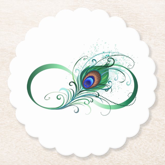 Infinity Symbol with Peacock Feather Paper Coaster (Front)