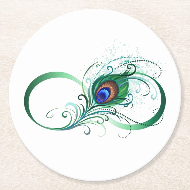Infinity Symbol with Peacock Feather Round Paper Coaster (Front)