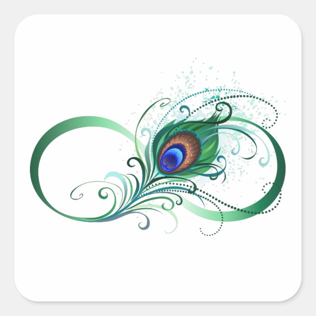 Infinity Symbol with Peacock Feather Square Sticker (Front)