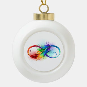 Infinity Symbol with Rainbow Feather Ceramic Ball Christmas Ornament