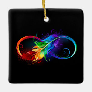 Infinity Symbol with Rainbow Feather Ceramic Ornament