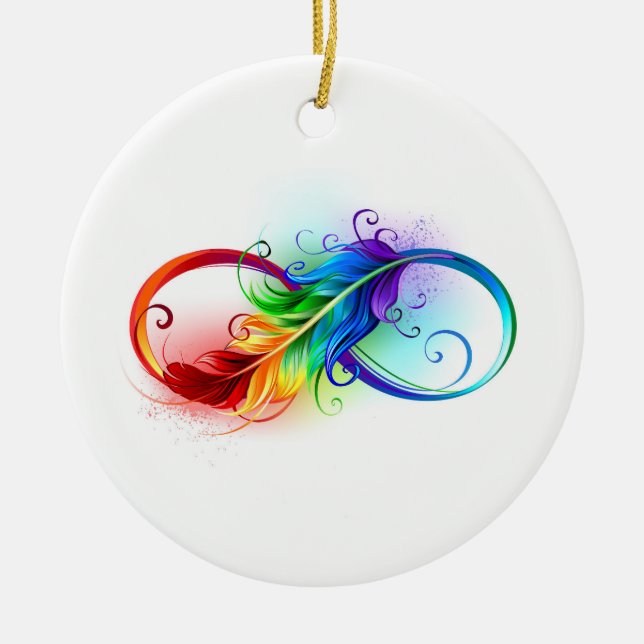 Infinity Symbol with Rainbow Feather Ceramic Tree Decoration (Front)