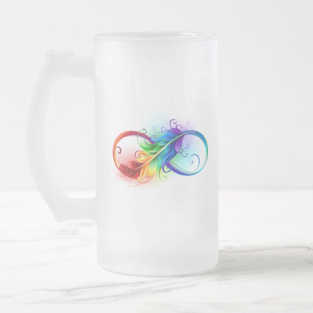 Infinity Symbol with Rainbow Feather Frosted Glass Beer Mug (Left)