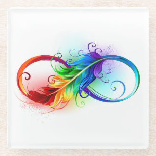 Infinity Symbol with Rainbow Feather Glass Coaster