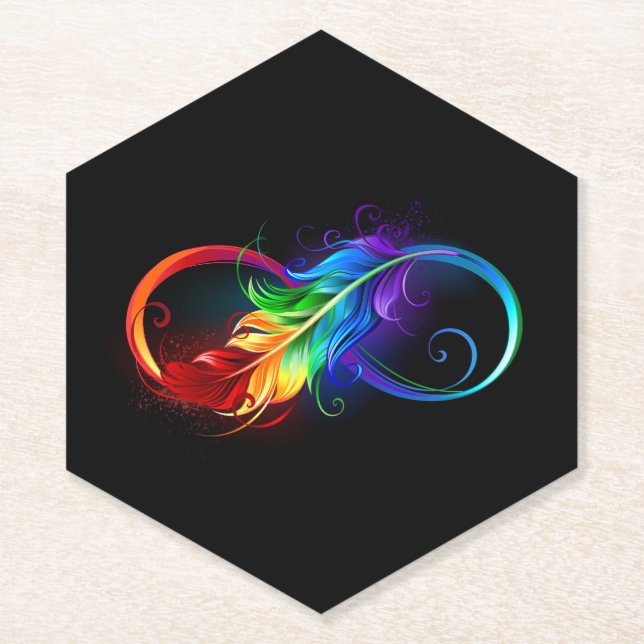 Infinity Symbol with Rainbow Feather Paper Coaster (Front)