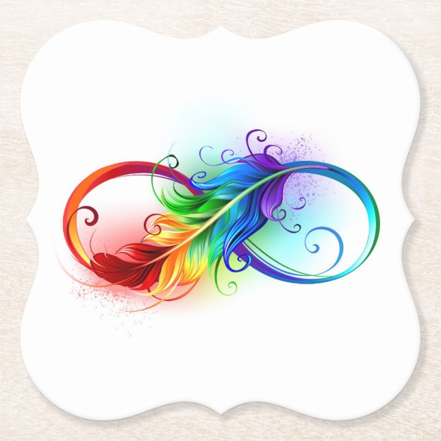 Infinity Symbol with Rainbow Feather Paper Coaster (Front)