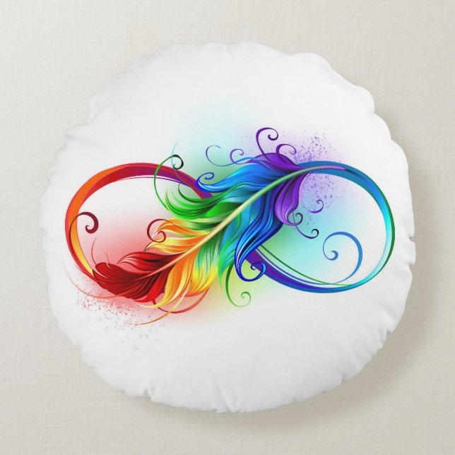Infinity Symbol with Rainbow Feather Round Cushion (Front)