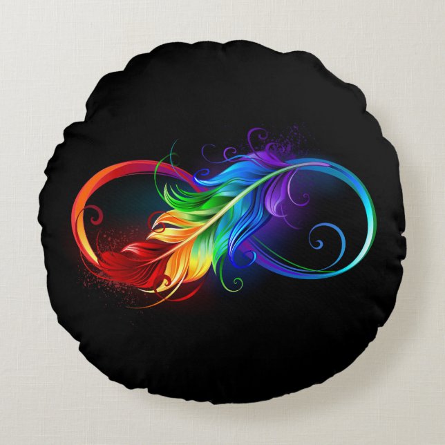 Infinity Symbol with Rainbow Feather Round Cushion (Front)