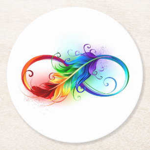 Infinity Symbol with Rainbow Feather Round Paper Coaster