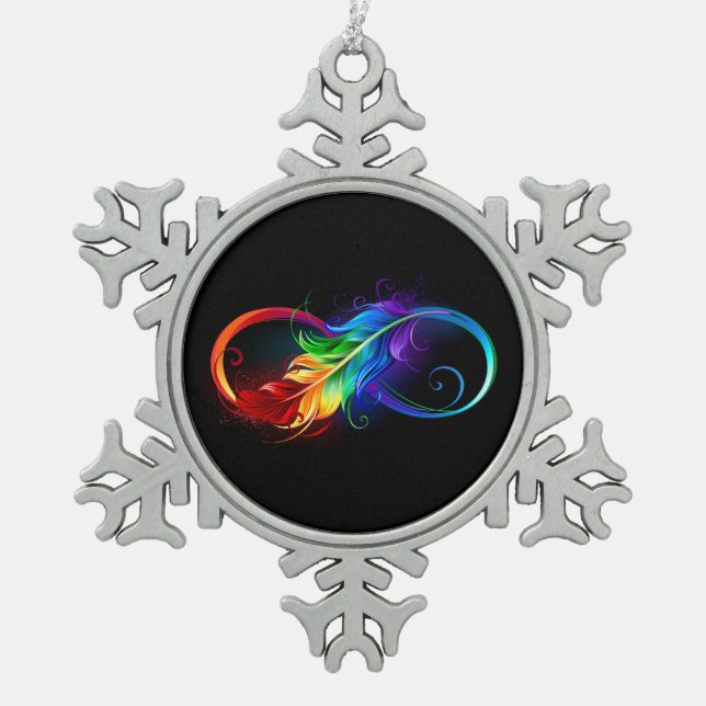 Infinity Symbol with Rainbow Feather Snowflake Pewter Christmas Ornament (Front)