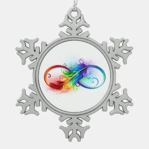 Infinity Symbol with Rainbow Feather Snowflake Pewter Christmas Ornament