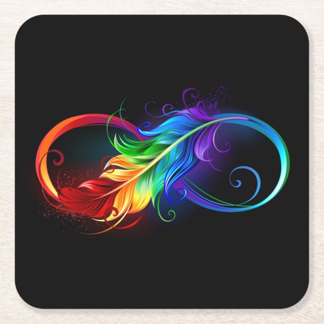 Infinity Symbol with Rainbow Feather Square Paper Coaster (Front)
