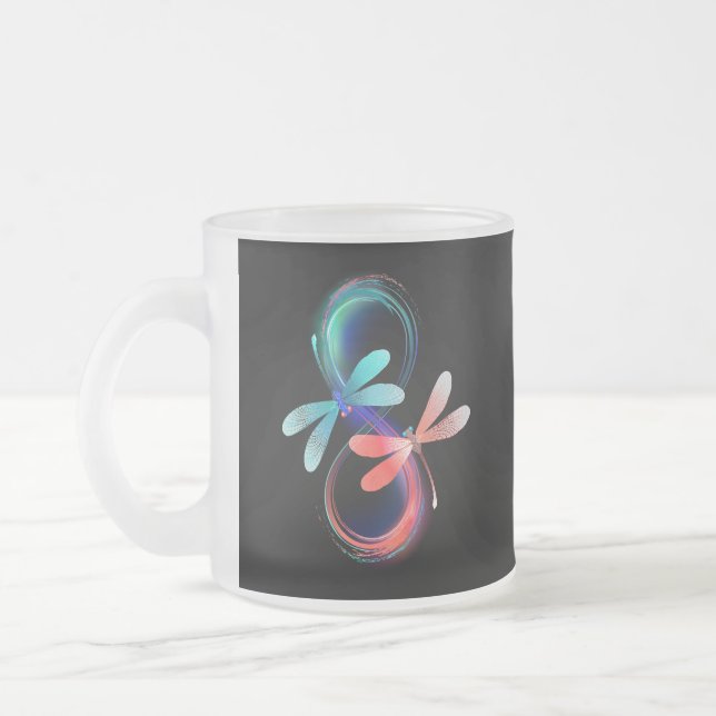 Infinity with glowing dragonflies frosted glass coffee mug (Left)